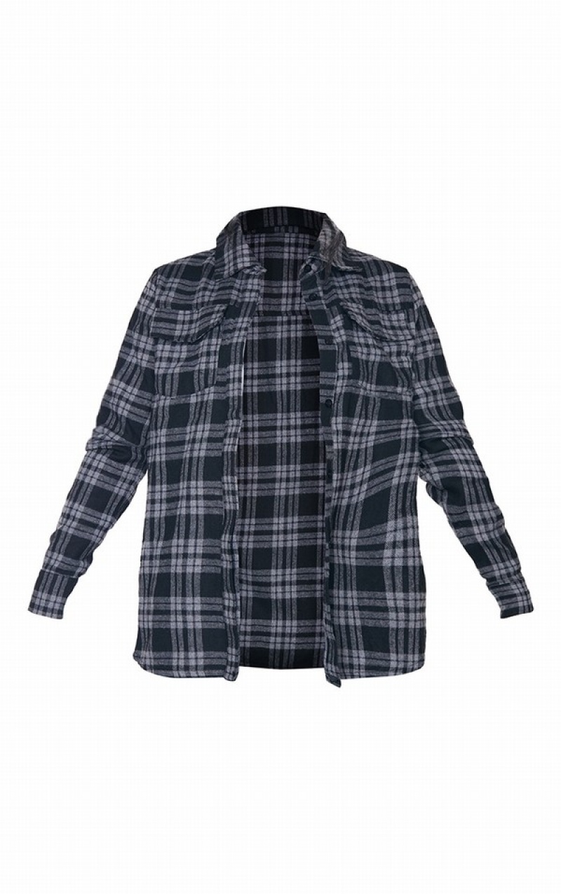 Camasa Pretty Little Thing Petite Oversized Checked Boyfriend Gri | JCRA41893