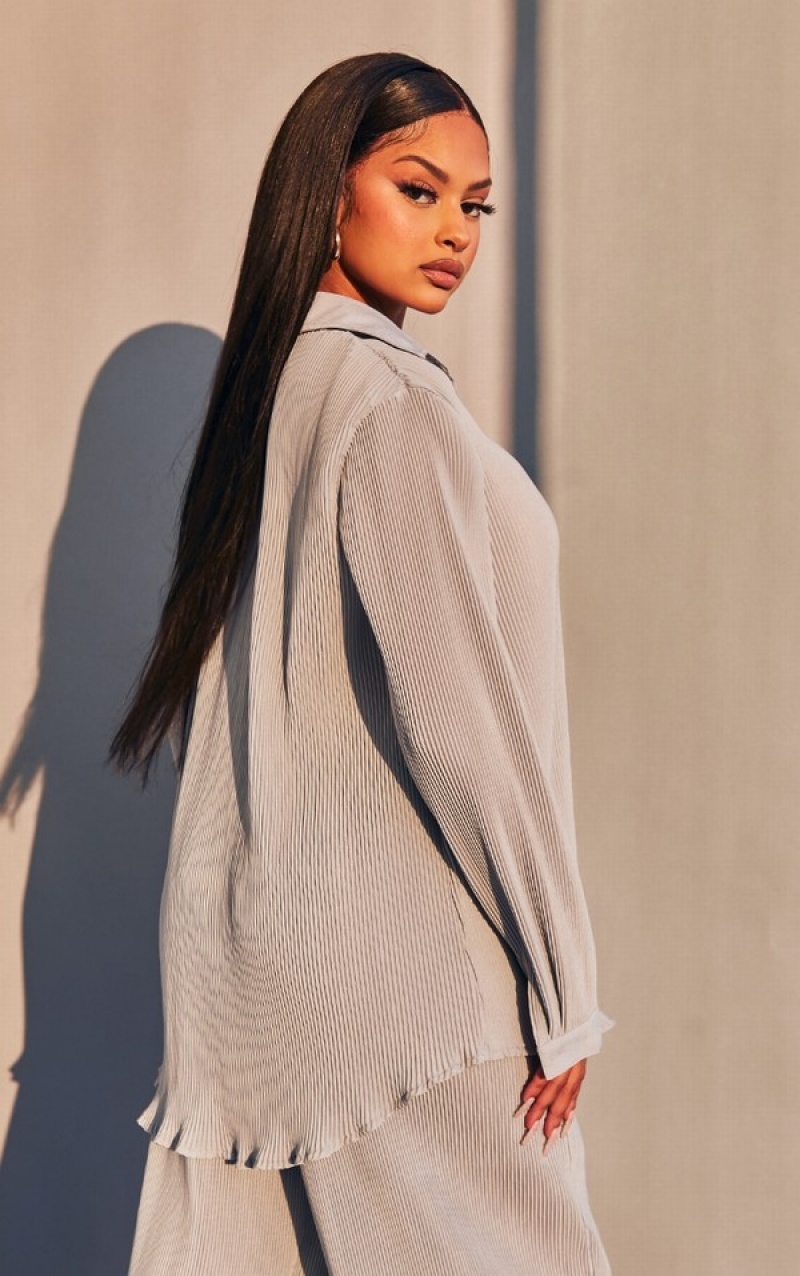 Camasa Pretty Little Thing Plisse Button Front Oversized Gri Deschis | XQAR97250