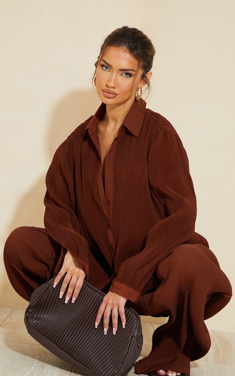Camasa Pretty Little Thing Plisse Button Front Oversized Ciocolata Maro | VQWX53268