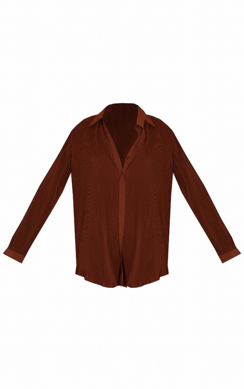 Camasa Pretty Little Thing Plisse Button Front Oversized Ciocolata Maro | VQWX53268