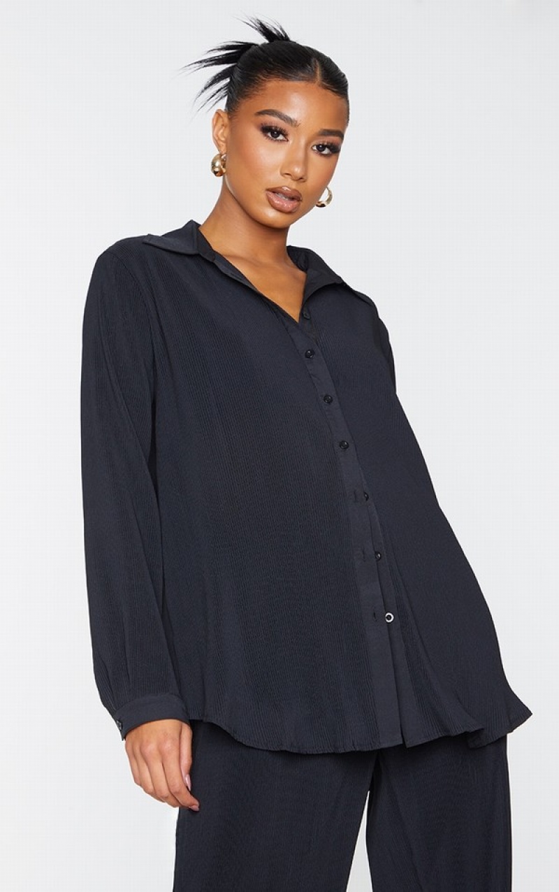 Camasa Pretty Little Thing Plisse Button Front Oversized Negrii | XQTK08693