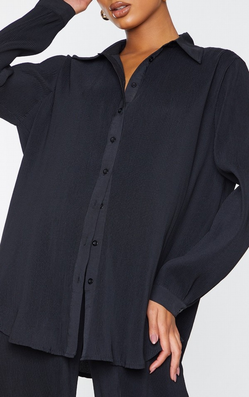 Camasa Pretty Little Thing Plisse Button Front Oversized Negrii | XQTK08693