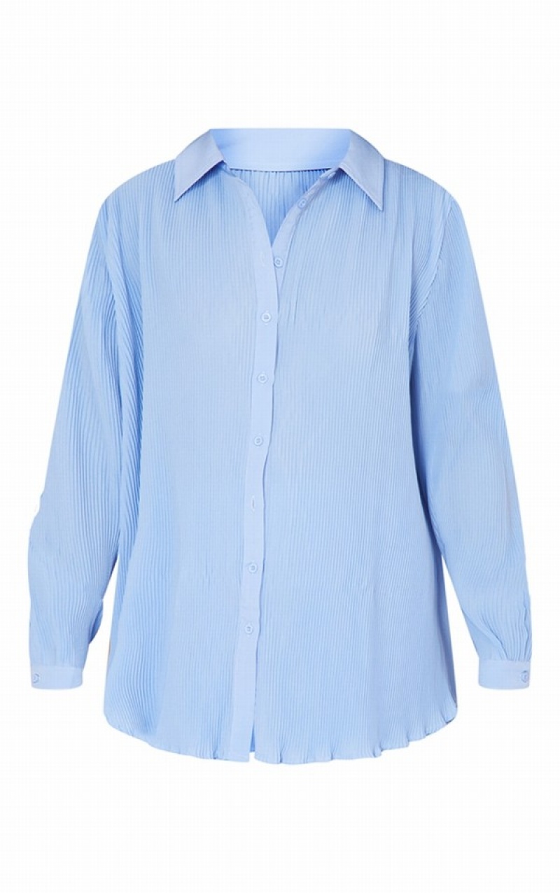 Camasa Pretty Little Thing Plisse Button Front Oversized Albastri | UGIW30719