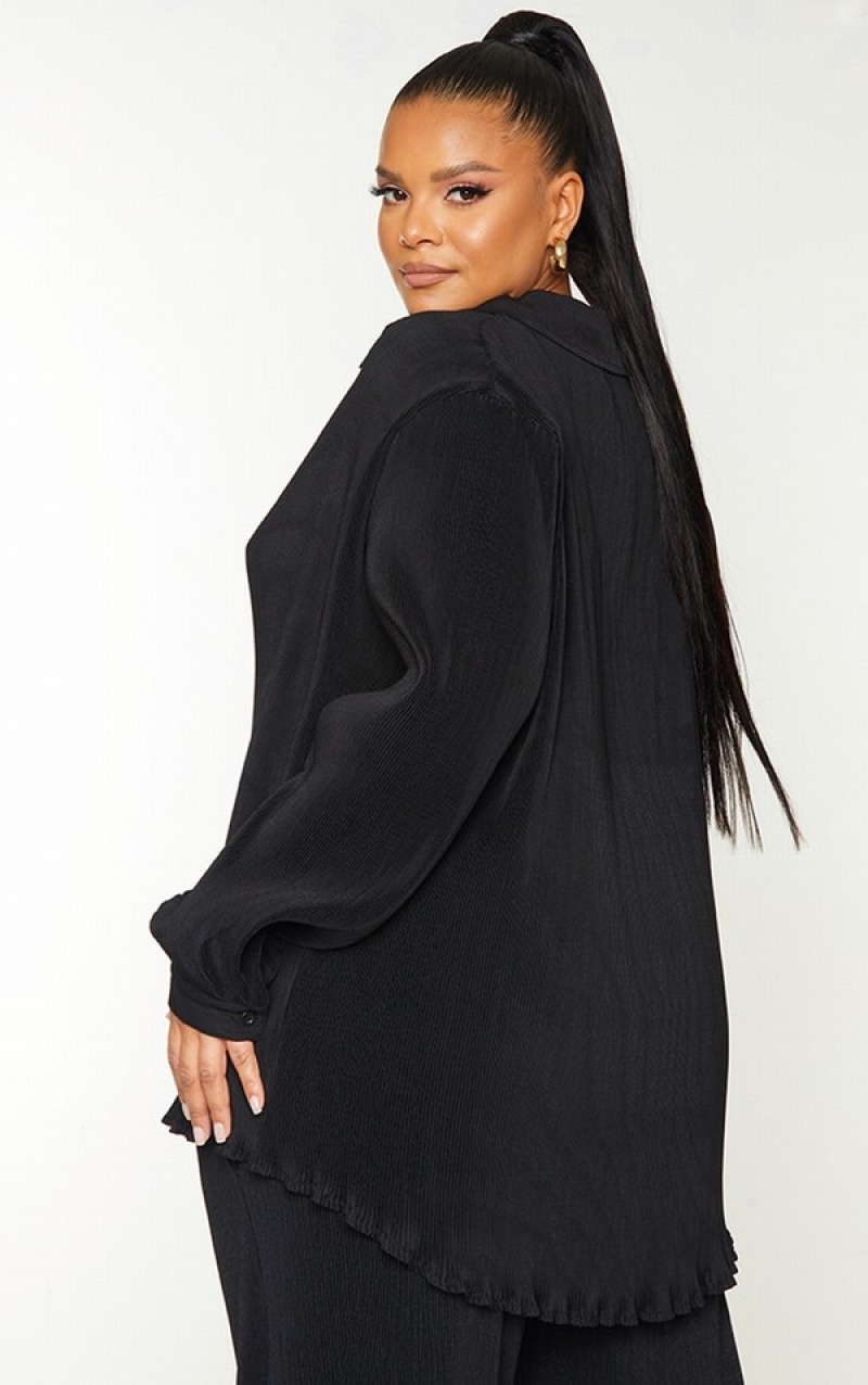 Camasa Pretty Little Thing Plus Black Plisse Button Front Oversized Negrii | LEVQ90375