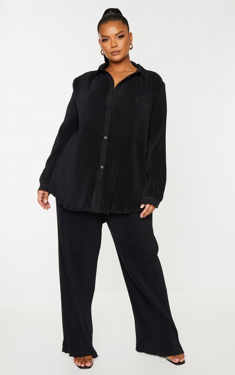Camasa Pretty Little Thing Plus Black Plisse Button Front Oversized Negrii | LEVQ90375