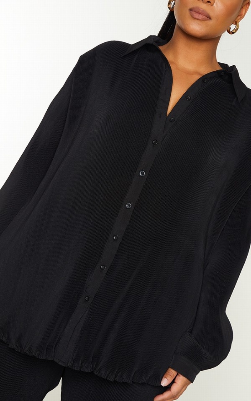 Camasa Pretty Little Thing Plus Black Plisse Button Front Oversized Negrii | LEVQ90375