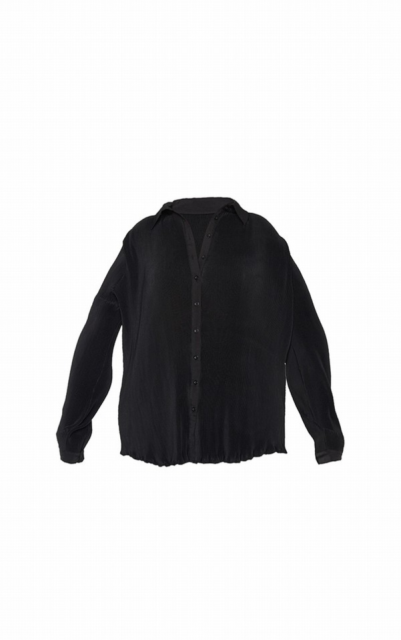 Camasa Pretty Little Thing Plus Black Plisse Button Front Oversized Negrii | LEVQ90375