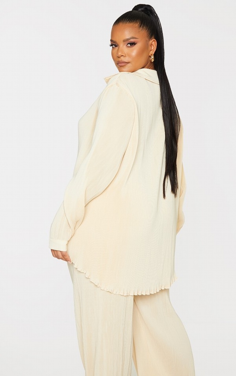 Camasa Pretty Little Thing Plus Cream Plisse Button Front Oversized Albi | APDI51073