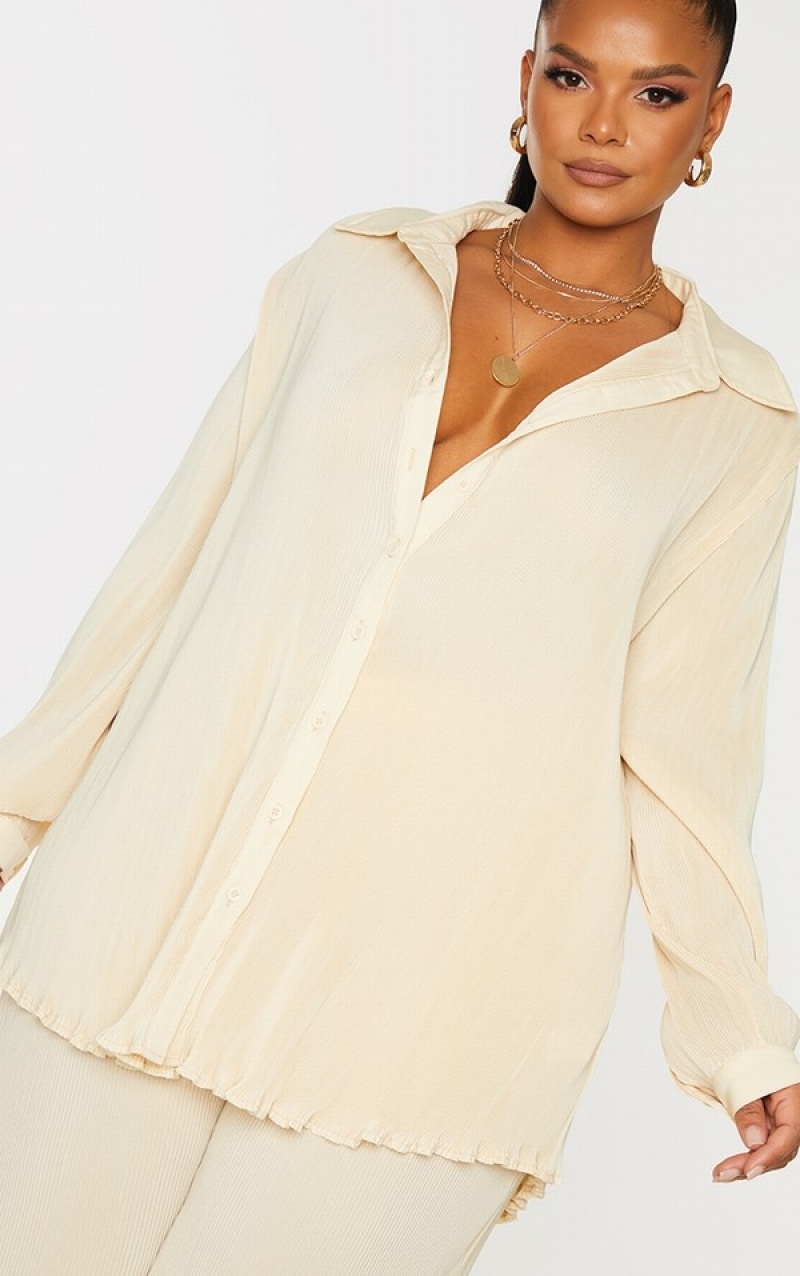 Camasa Pretty Little Thing Plus Cream Plisse Button Front Oversized Albi | APDI51073