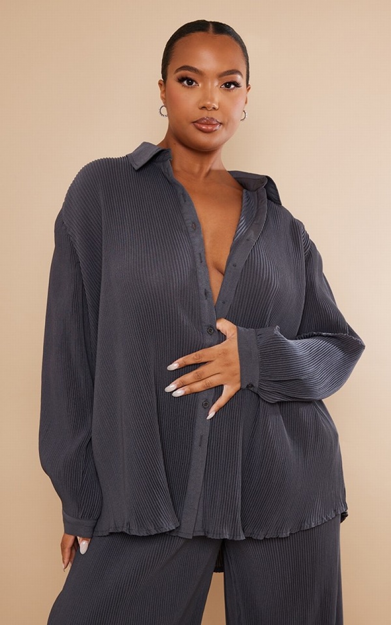 Camasa Pretty Little Thing Plus Charcoal Plisse Button Front Oversized Gri | QMEL89152