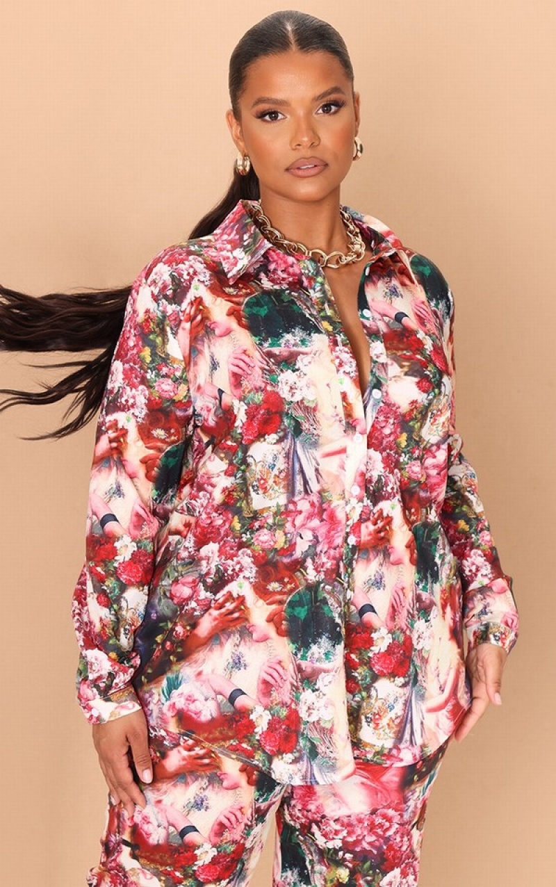 Camasa Pretty Little Thing Plus Femme Renaissance Print Oversized Roz | NHXK62471