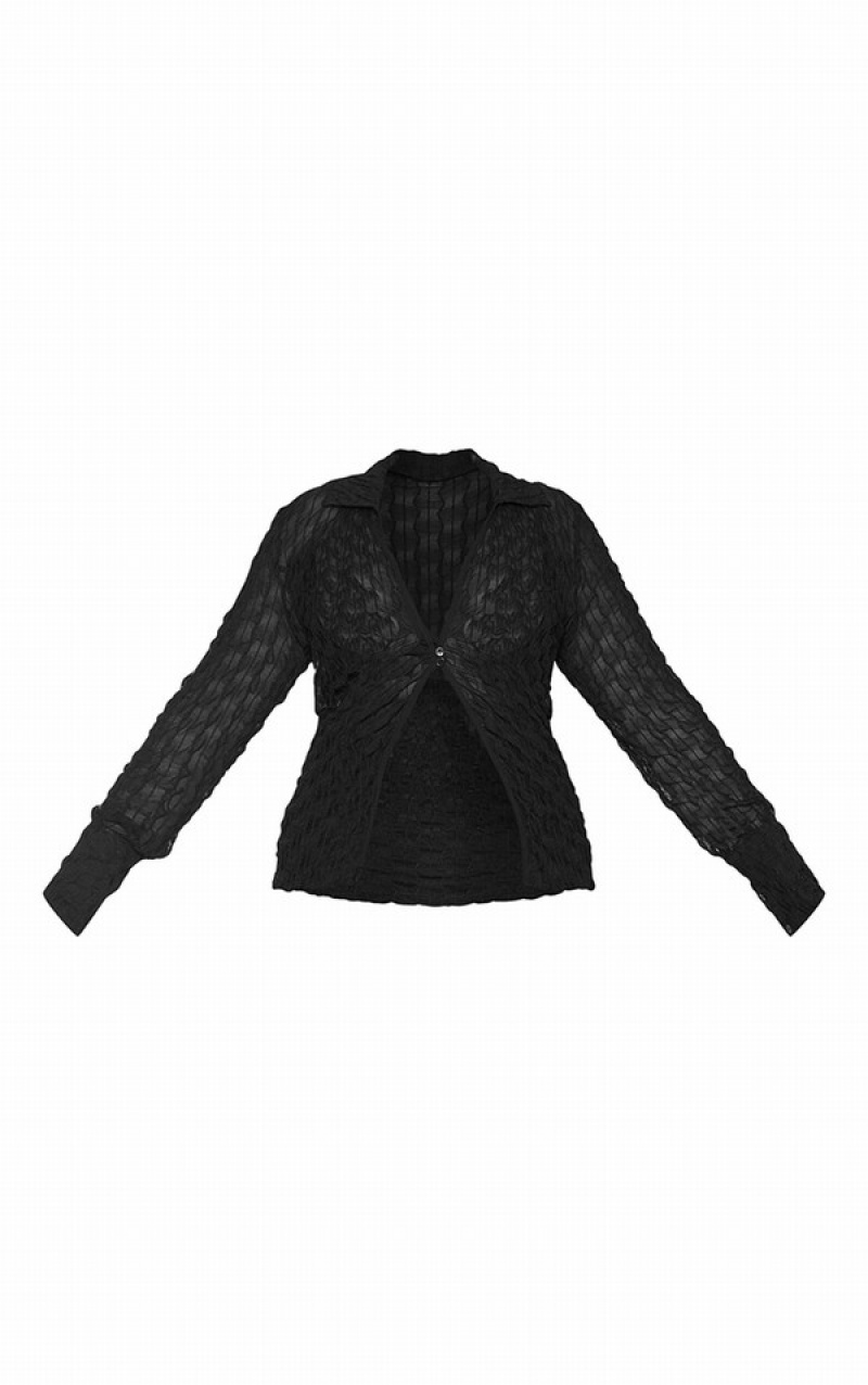 Camasa Pretty Little Thing Plus Mesh Button Front Negrii | BOTQ28936