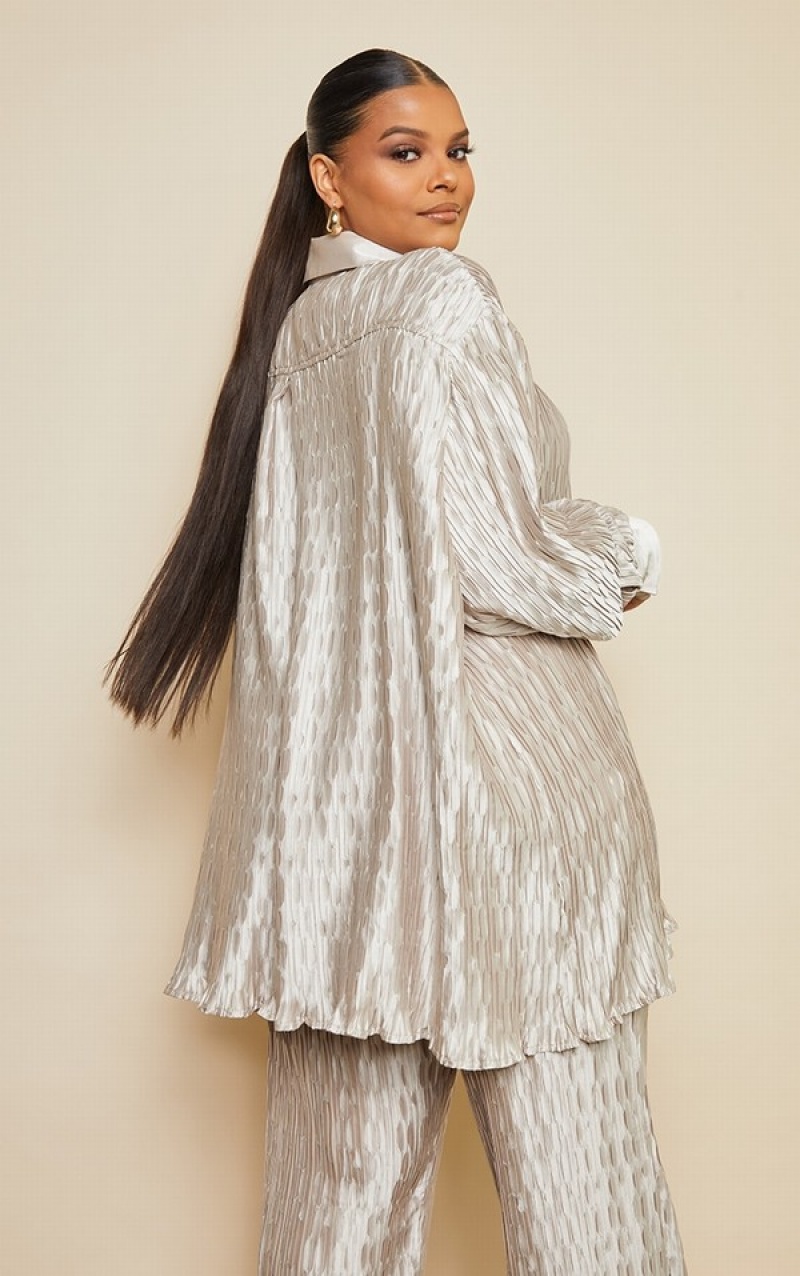 Camasa Pretty Little Thing Plus Oatmeal Plisse Oversized Bej | OSYC92507