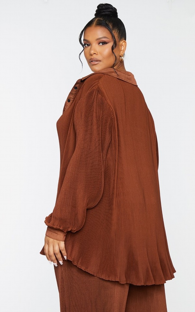 Camasa Pretty Little Thing Plus Plisse Button Front Oversized Ciocolata | GFUB27480