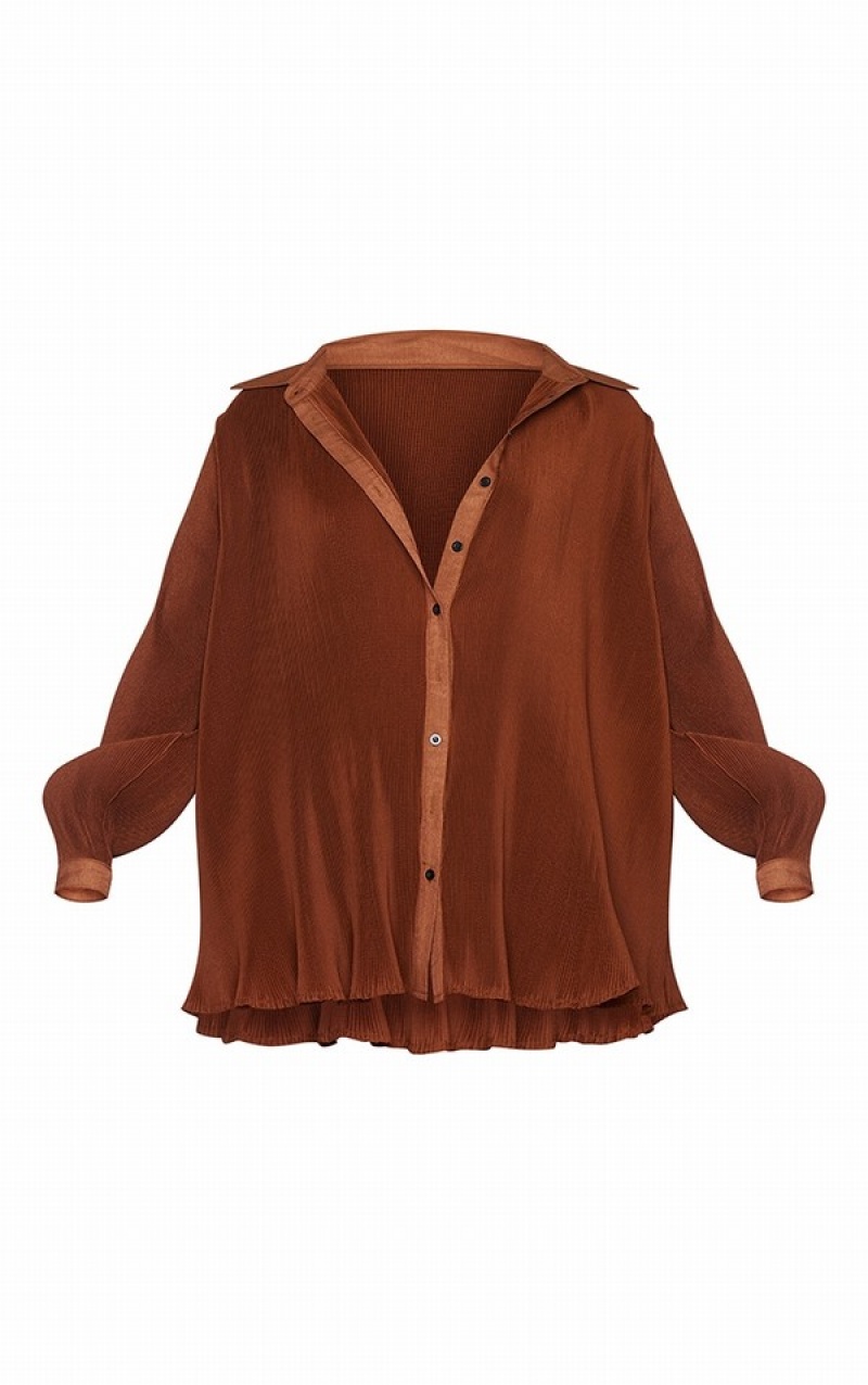 Camasa Pretty Little Thing Plus Plisse Button Front Oversized Ciocolata | GFUB27480