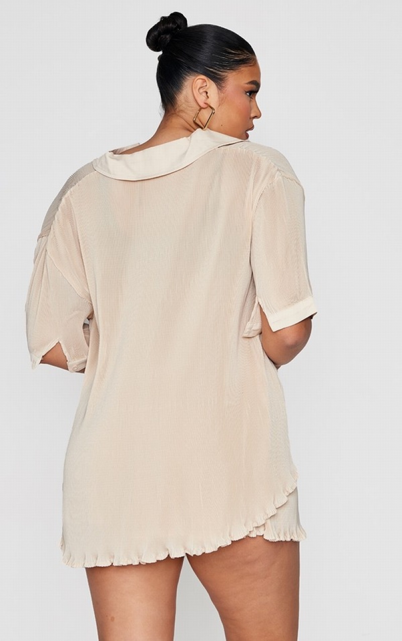 Camasa Pretty Little Thing Plus Plisse Sleeve Albi | FYSK26310