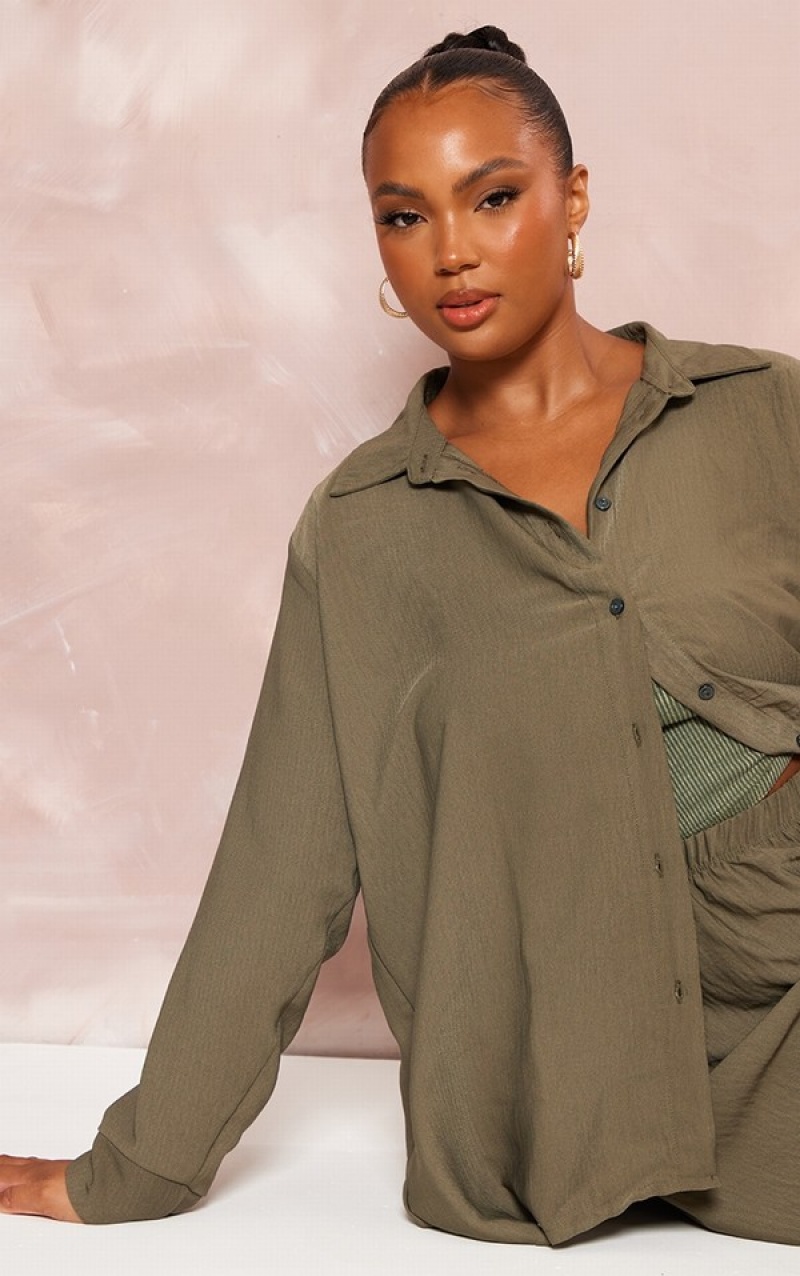 Camasa Pretty Little Thing Plus Sheer Woven Oversized Kaki | EQHM47195