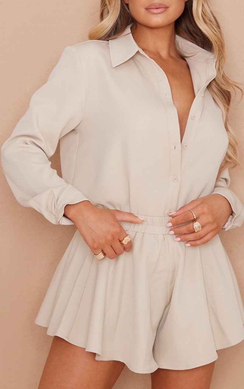 Camasa Pretty Little Thing Stone Long Sleeve Oversized Gri | RBGZ83052