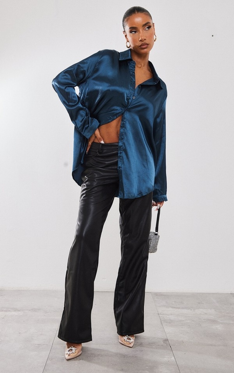 Camasa Pretty Little Thing Teal Satin Button Front Turcoaz | HTAZ43260
