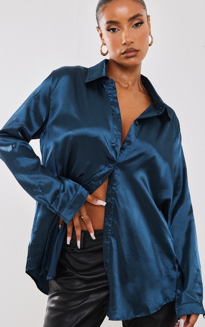 Camasa Pretty Little Thing Teal Satin Button Front Turcoaz | HTAZ43260