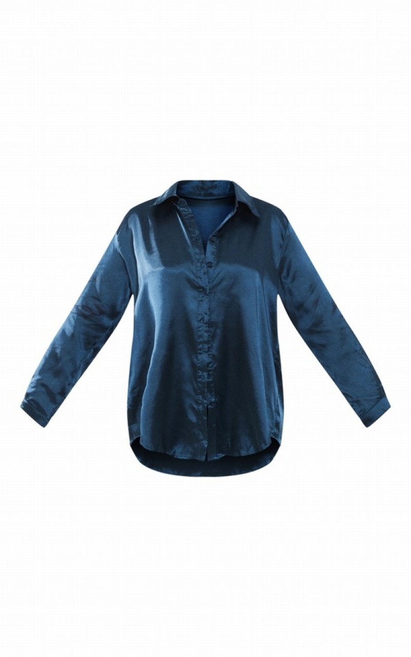 Camasa Pretty Little Thing Teal Satin Button Front Turcoaz | HTAZ43260