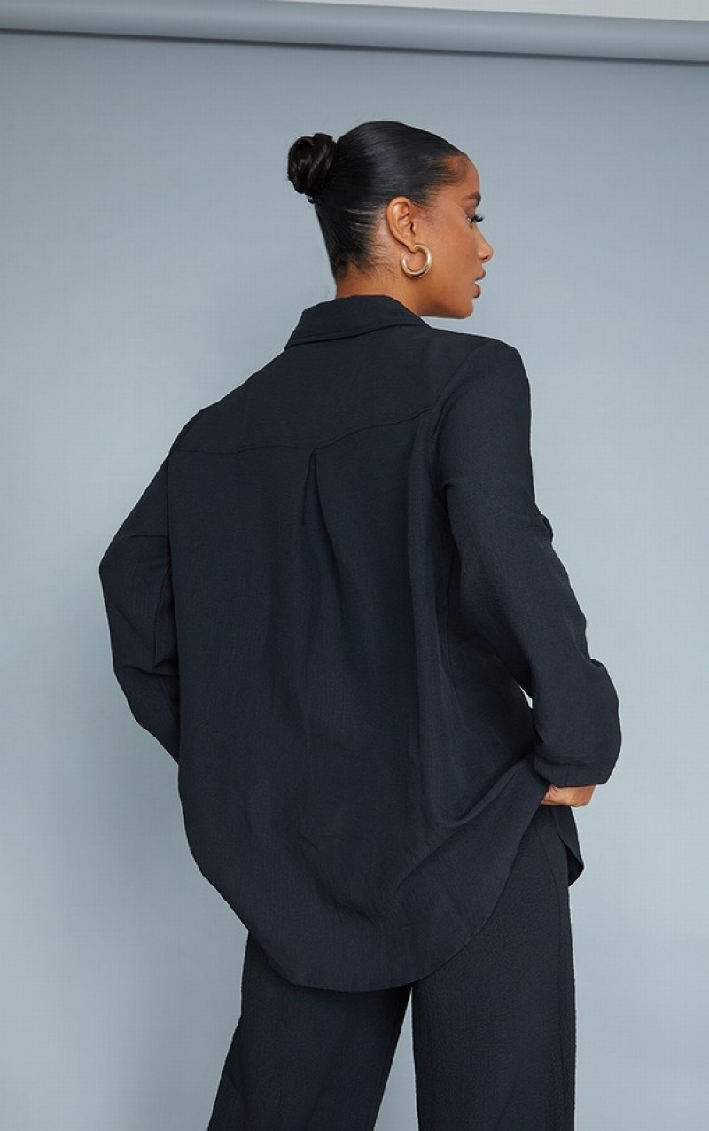 Camasa Pretty Little Thing TextuCrinkle Oversized Negrii | VHPE52936