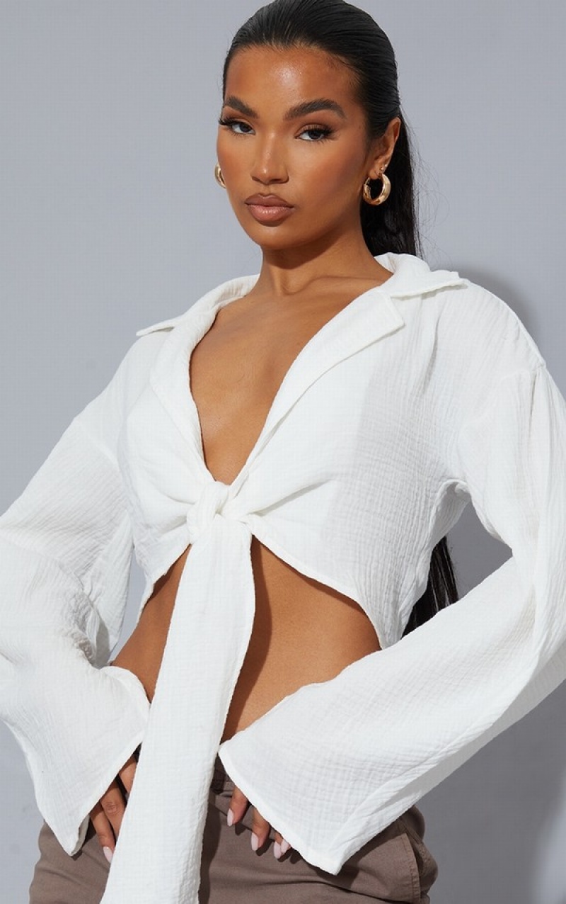 Camasa Pretty Little Thing TextuOversized Tie Front Albi | XJVK87412