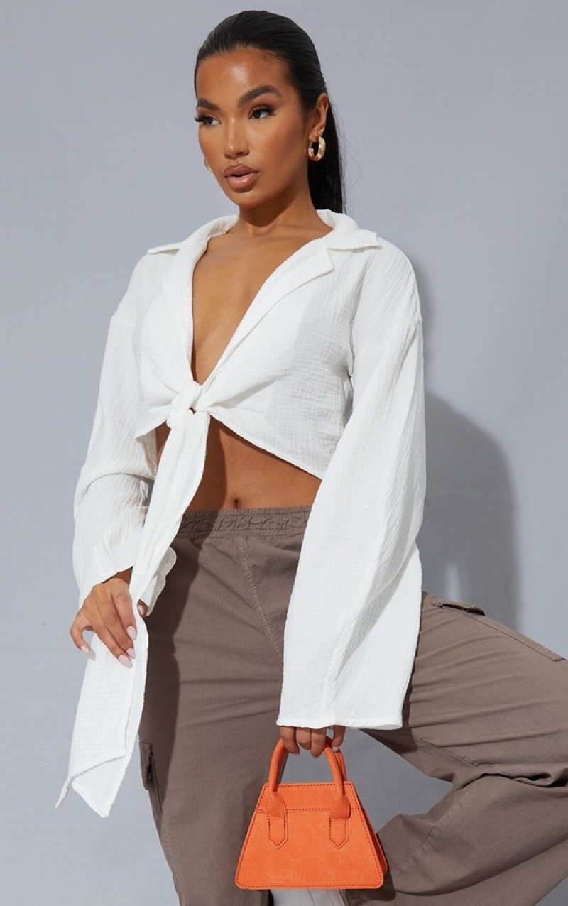 Camasa Pretty Little Thing TextuOversized Tie Front Albi | XJVK87412