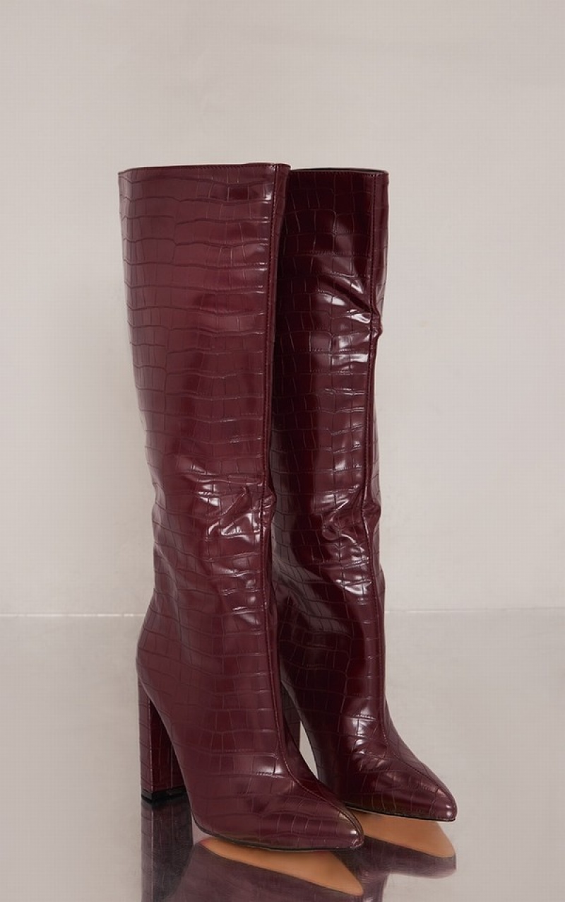 Cizme Pretty Little Thing Burgundy Largi Fit Croc Pu Knee High Point Block Visinii | UOEH01958