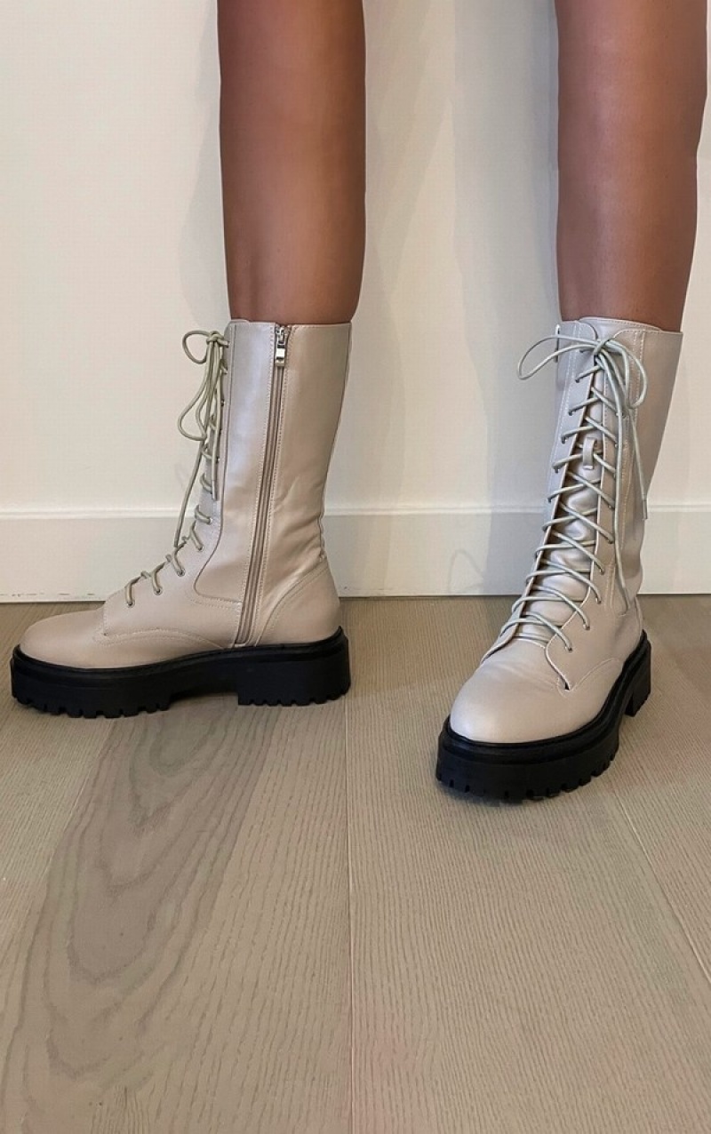 Cizme Pretty Little Thing Calf High Dantela Up Grosolan Biciclist Albi | DXMW96387