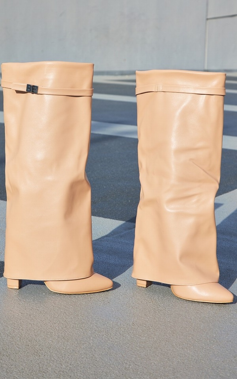 Cizme Pretty Little Thing Camel PU Matte Fold Over Knee Blocked Maro | XPFM13890