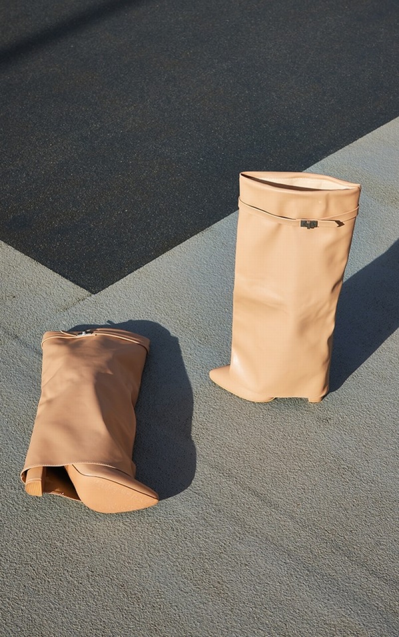 Cizme Pretty Little Thing Camel PU Matte Fold Over Knee Blocked Maro | XPFM13890