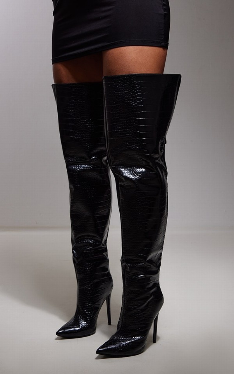 Cizme Pretty Little Thing Croc PU Pointed High Over The Knee Negrii | VIHB69327