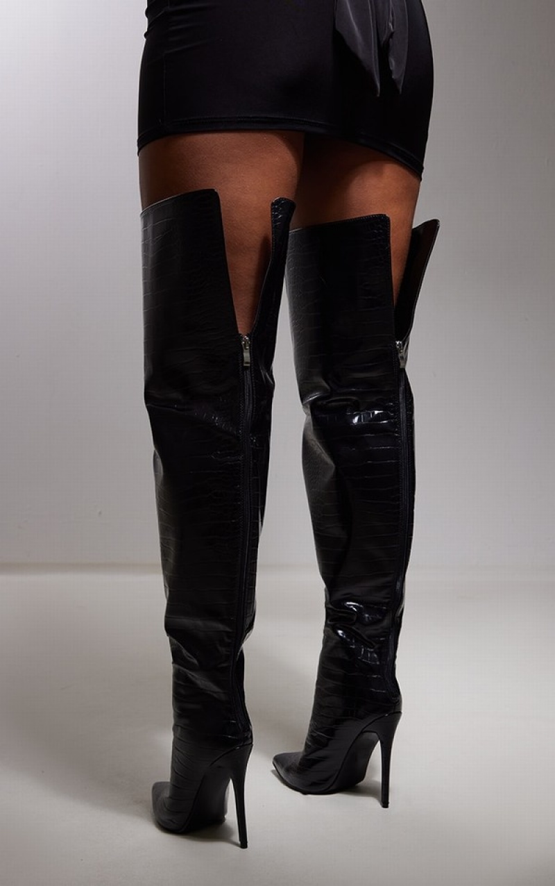 Cizme Pretty Little Thing Croc PU Pointed High Over The Knee Negrii | VIHB69327