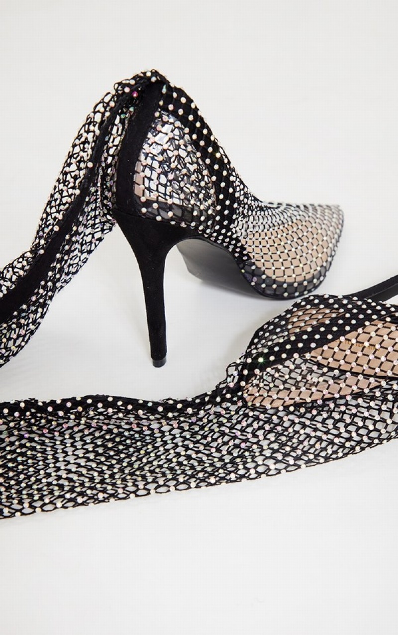 Cizme Pretty Little Thing Diamante Fish Net Over The Knee Negrii | JMPU53147