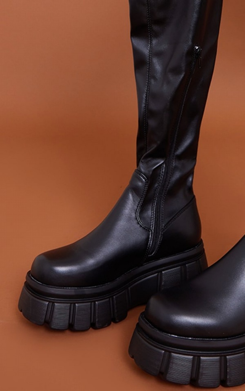 Cizme Pretty Little Thing Extremeform Sole Biciclist Over The Knee Negrii | LGYJ47651