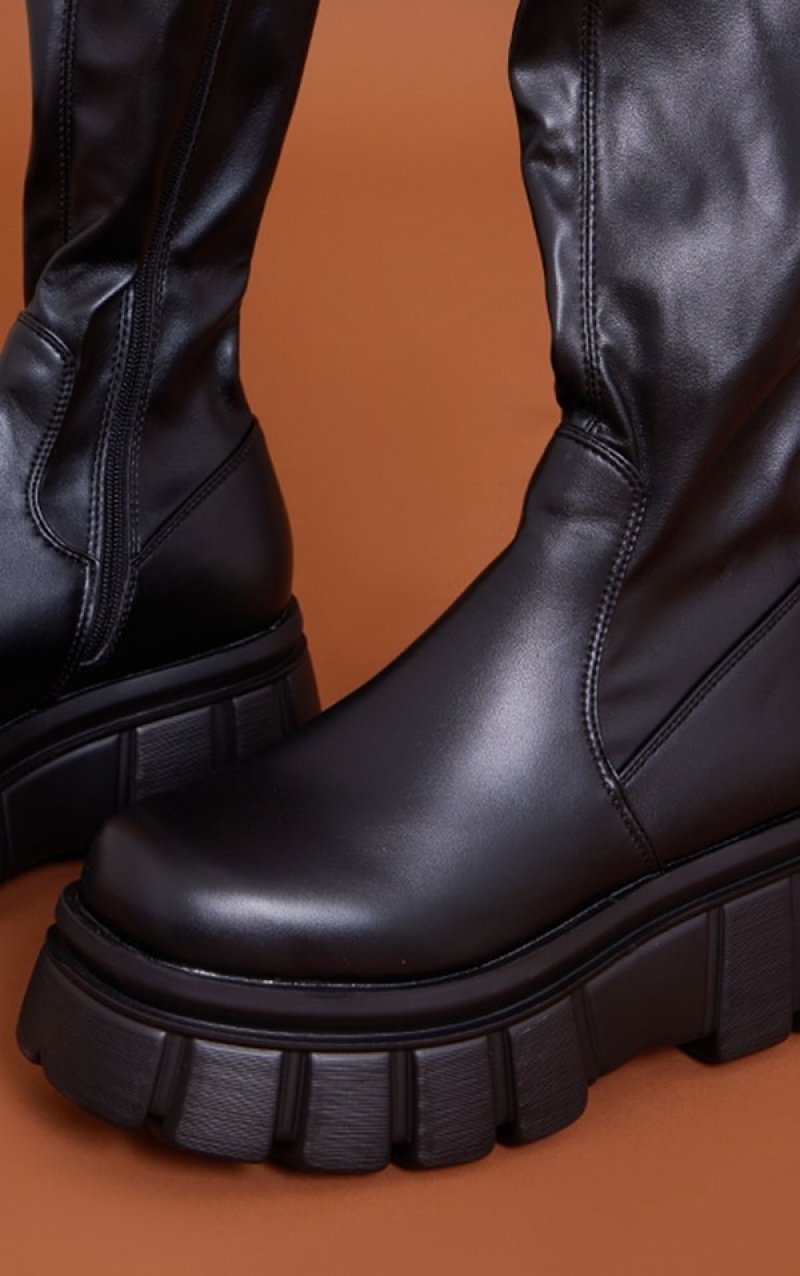 Cizme Pretty Little Thing Extremeform Sole Biciclist Over The Knee Negrii | LGYJ47651