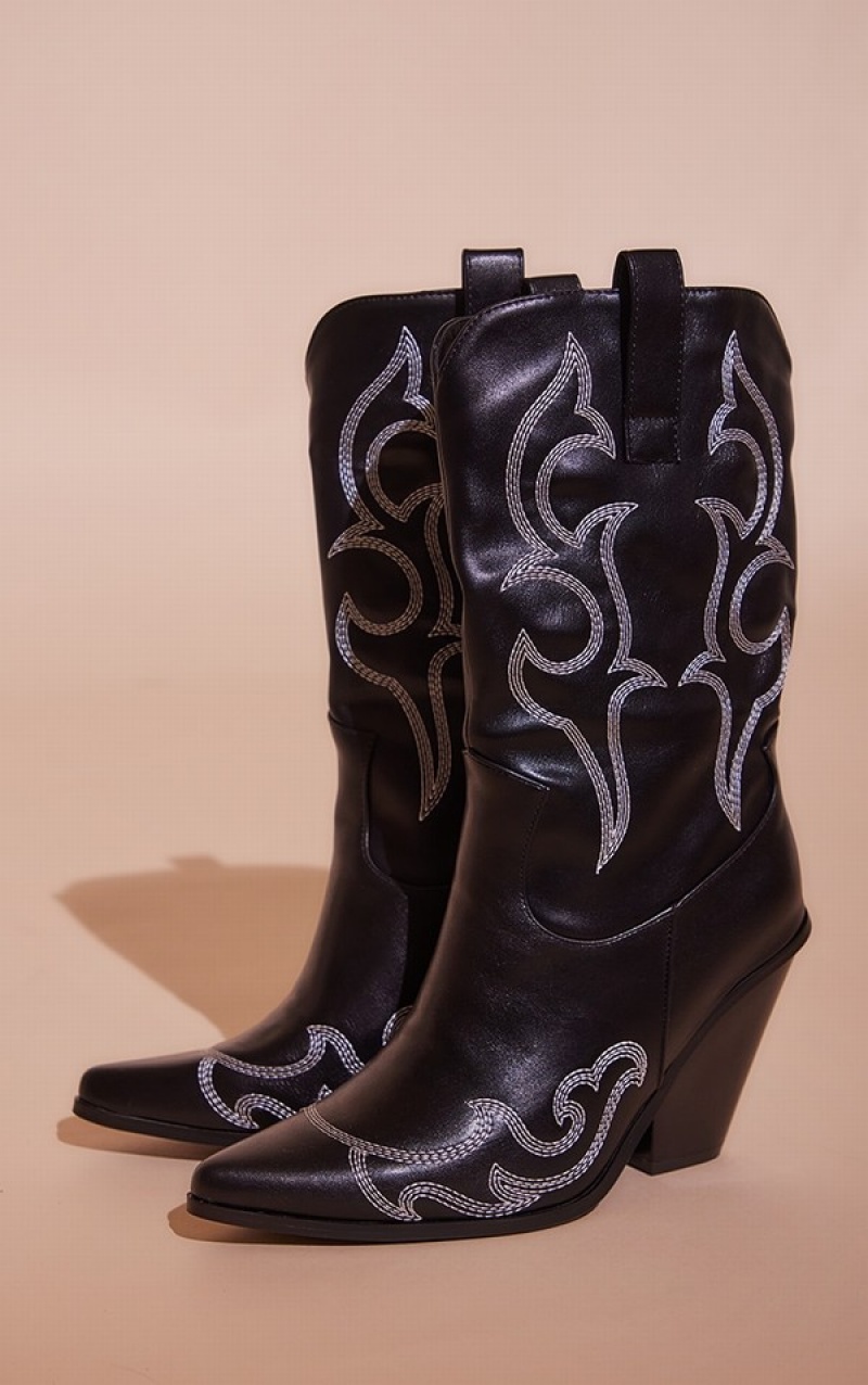 Cizme Pretty Little Thing Faux Piele Contrast Stitch Detail Western Negrii | HZOV63208