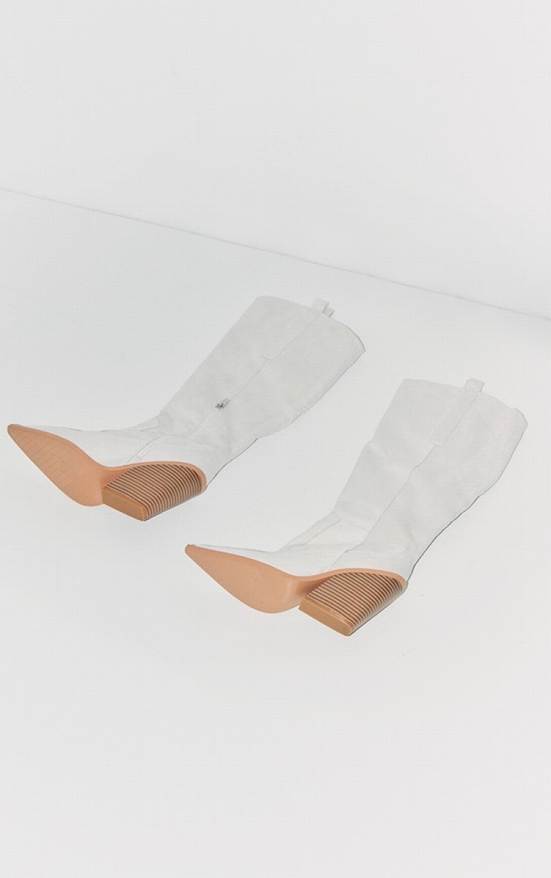 Cizme Pretty Little Thing Faux Piele Intoarsa Point Bombeu Western Knee Highed Albi | BJQD69478