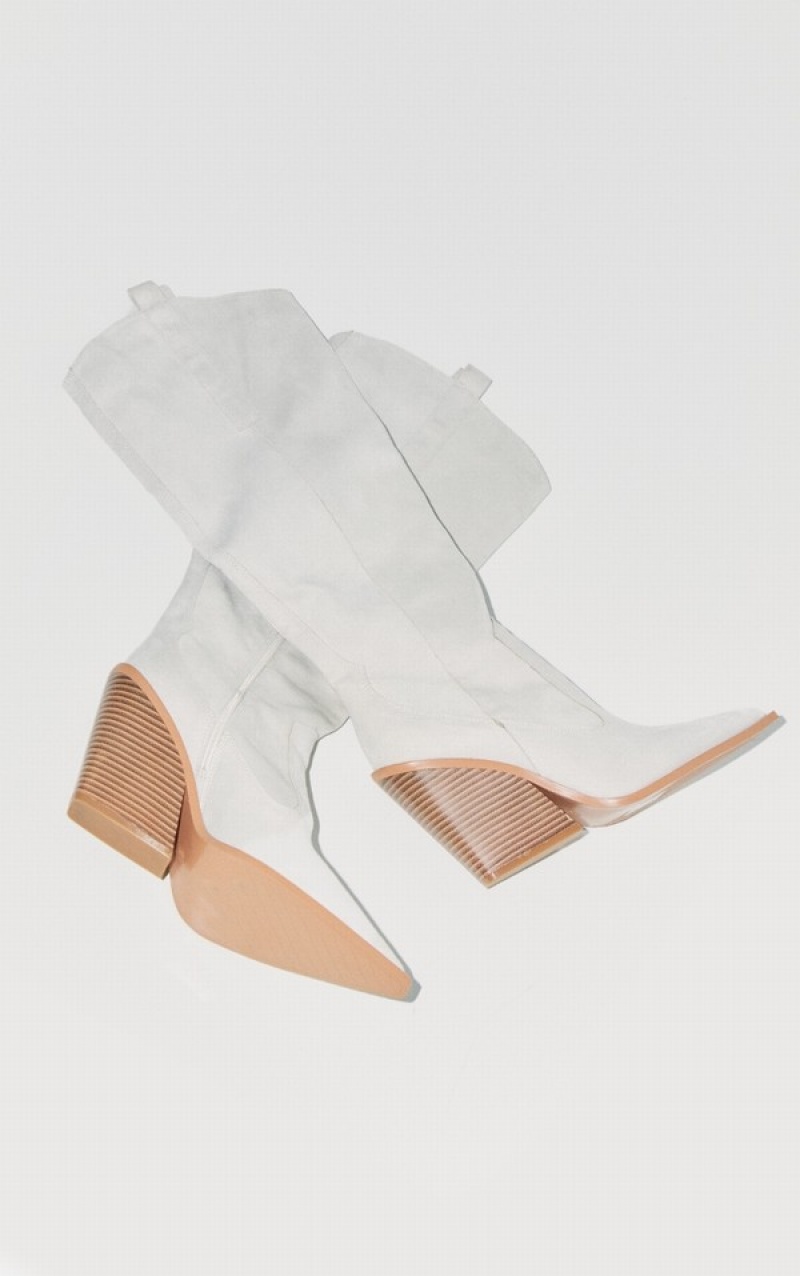 Cizme Pretty Little Thing Faux Piele Intoarsa Point Bombeu Western Knee Highed Albi | BJQD69478