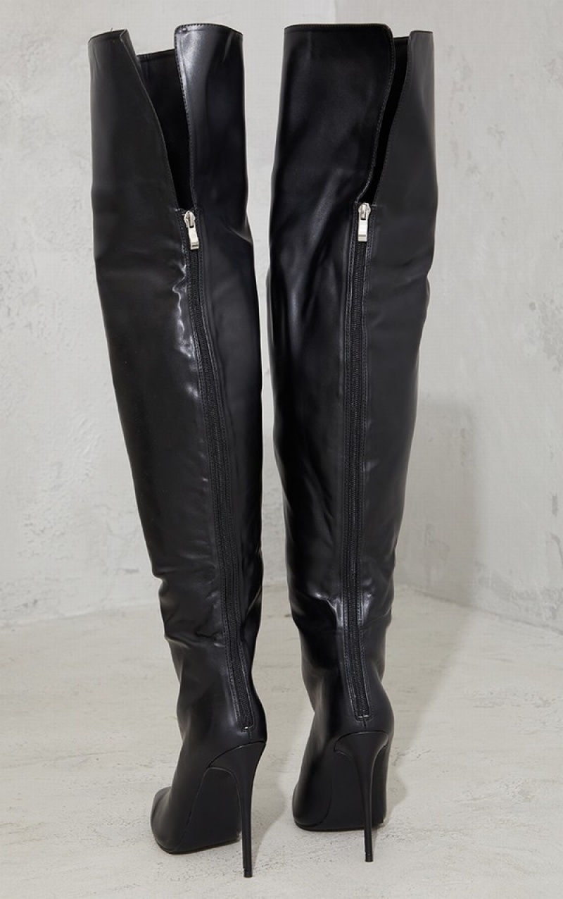 Cizme Pretty Little Thing Faux Piele Pointed High Over The Knee Negrii | GFAM08537