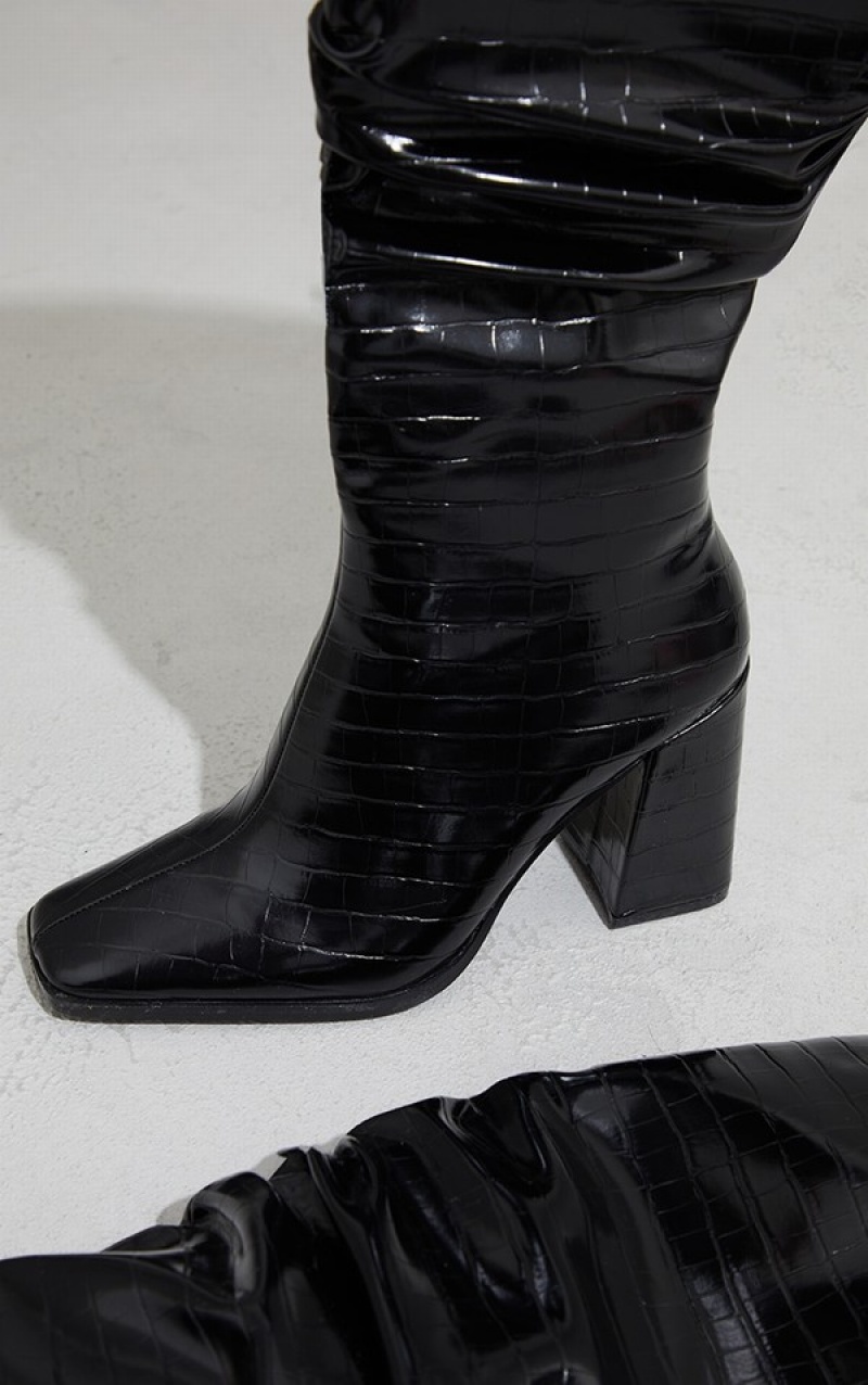 Cizme Pretty Little Thing High Block Croc Knee High Negrii | LMHC46920