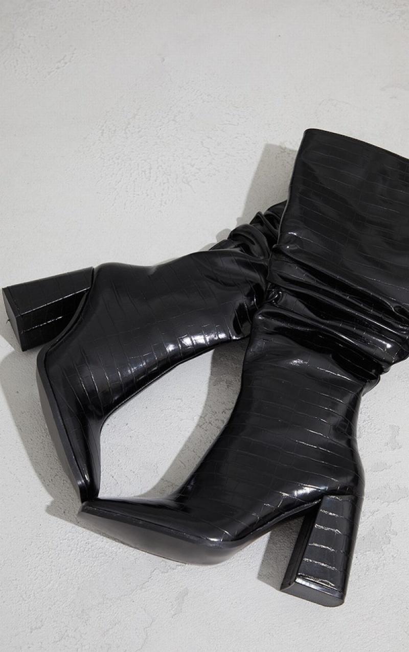 Cizme Pretty Little Thing High Block Croc Knee High Negrii | LMHC46920