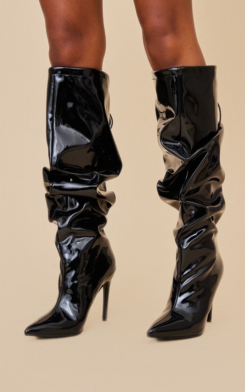 Cizme Pretty Little Thing Lacuita Pu Point Bombeu Ruched Knee Negrii | WOVB73089