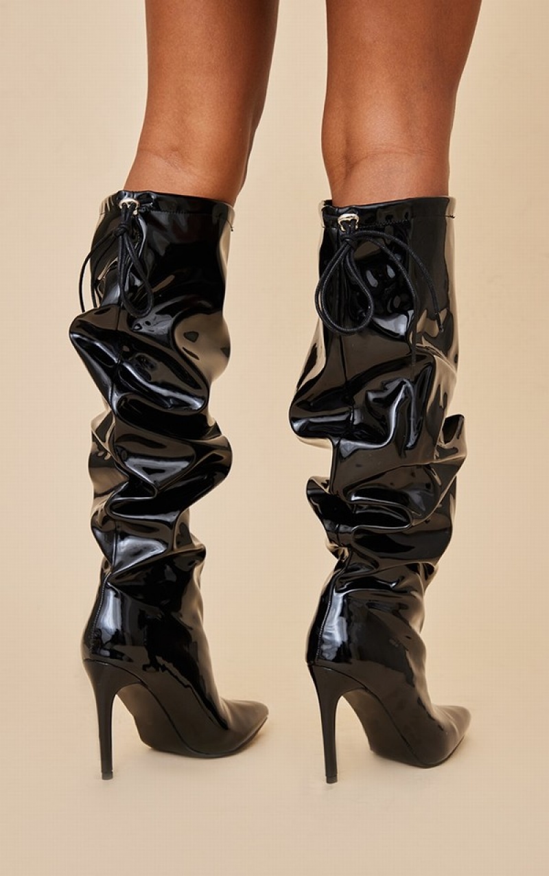 Cizme Pretty Little Thing Lacuita Pu Point Bombeu Ruched Knee Negrii | WOVB73089