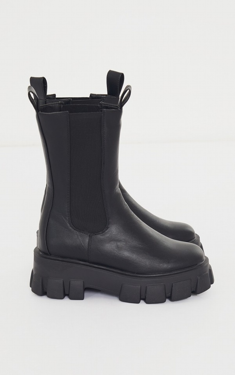 Cizme Pretty Little Thing Largi Fit Extreme Grosolan Sole Calf High Chelsea Negrii | NGPM85917