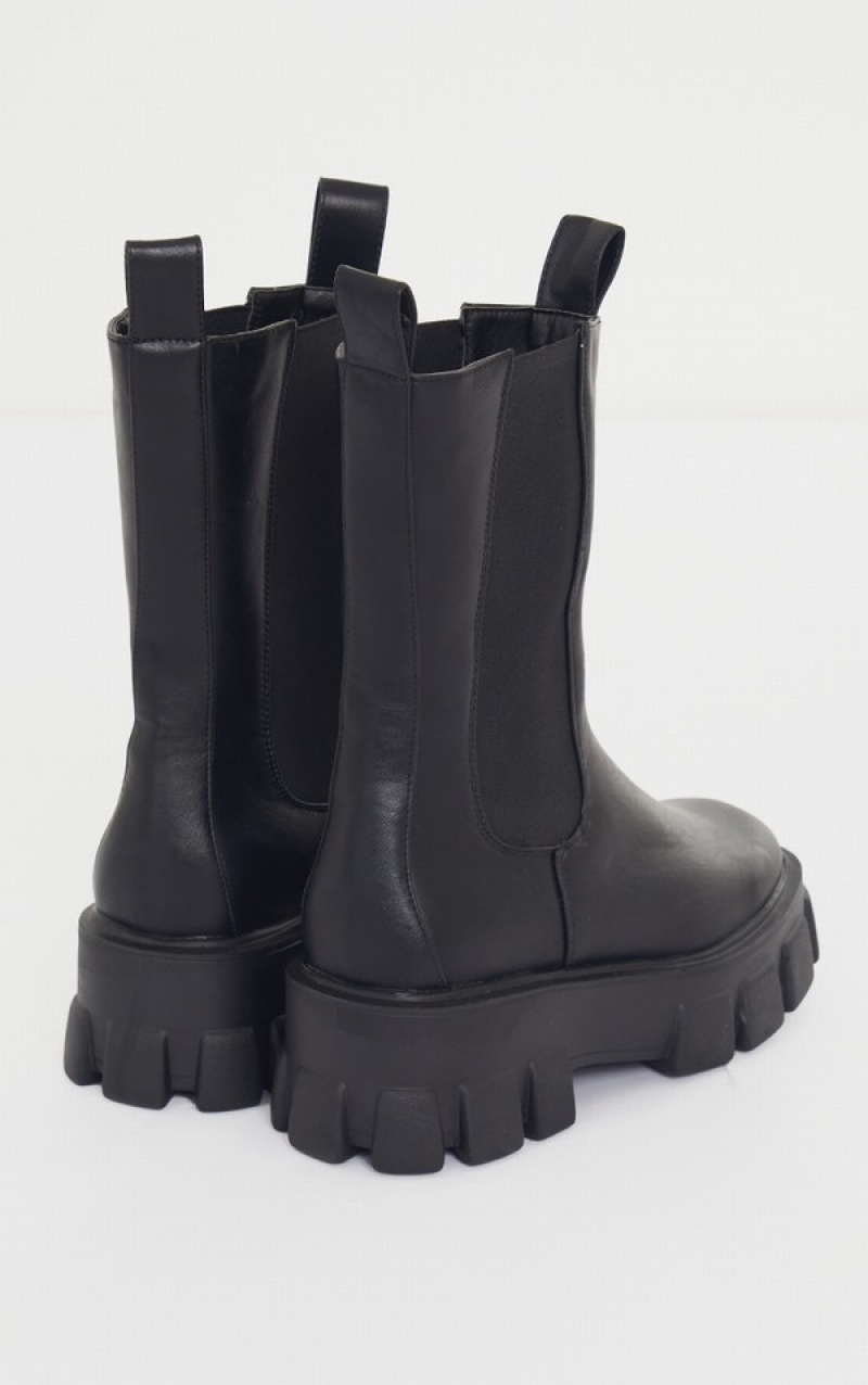 Cizme Pretty Little Thing Largi Fit Extreme Grosolan Sole Calf High Chelsea Negrii | NGPM85917