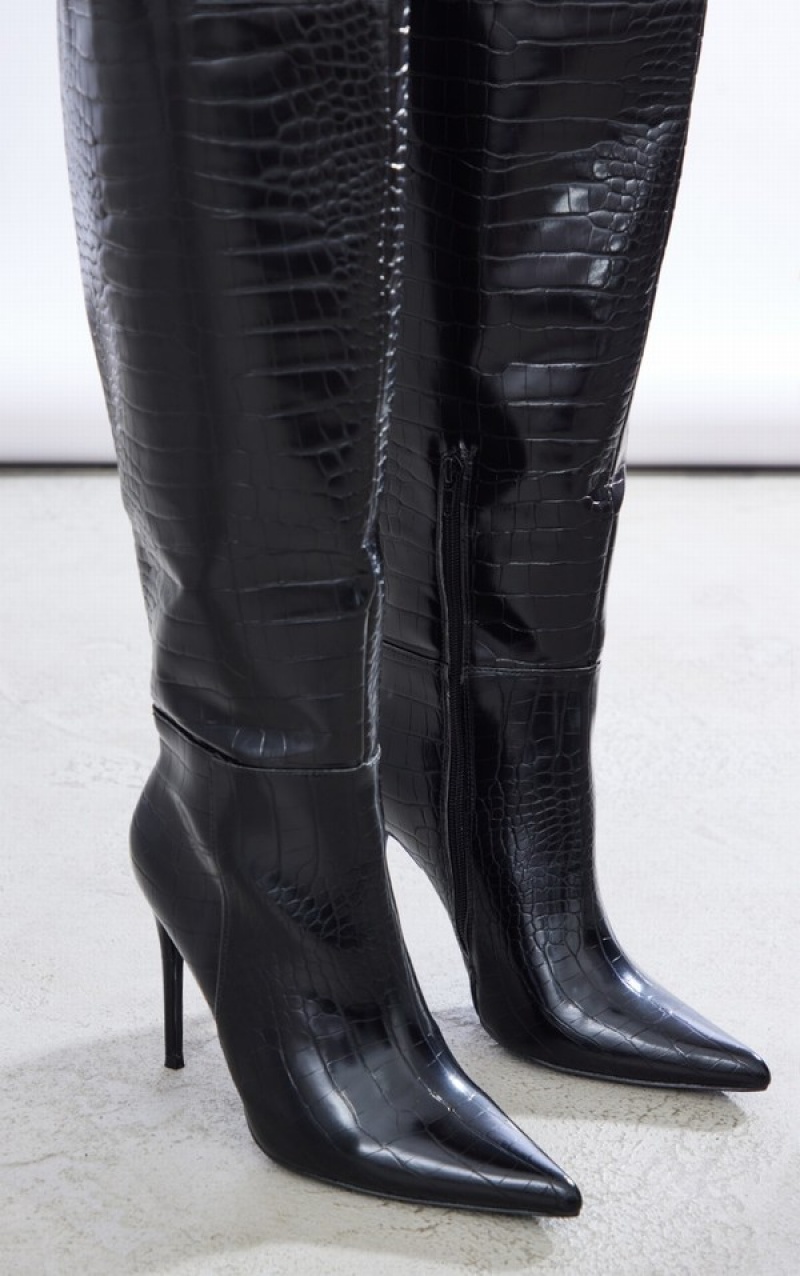 Cizme Pretty Little Thing Largi Fit PU Croc Point Bombeu High Stilettoed Knee Negrii | BCMR29417