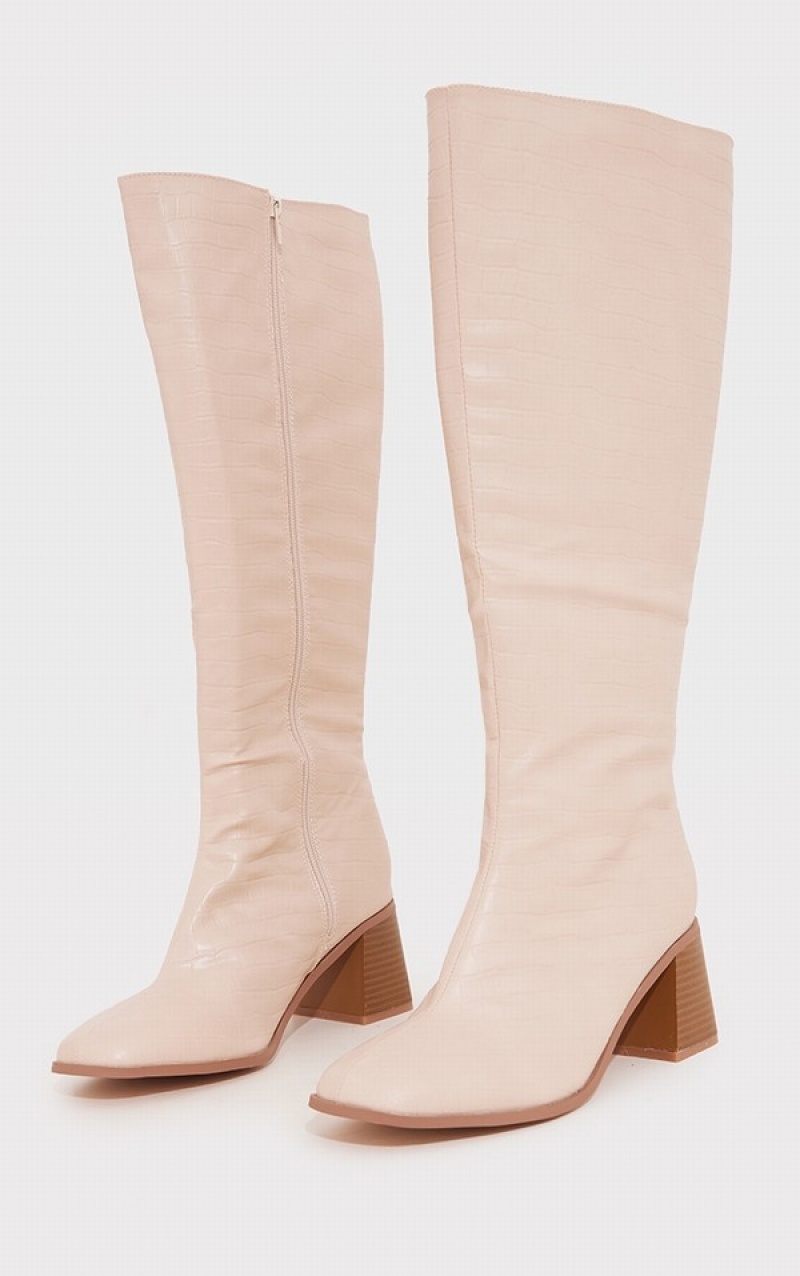 Cizme Pretty Little Thing Largi Fit Pu Croc Square Bombeu Mid-High Blocked Knee Albi | DJOM54176