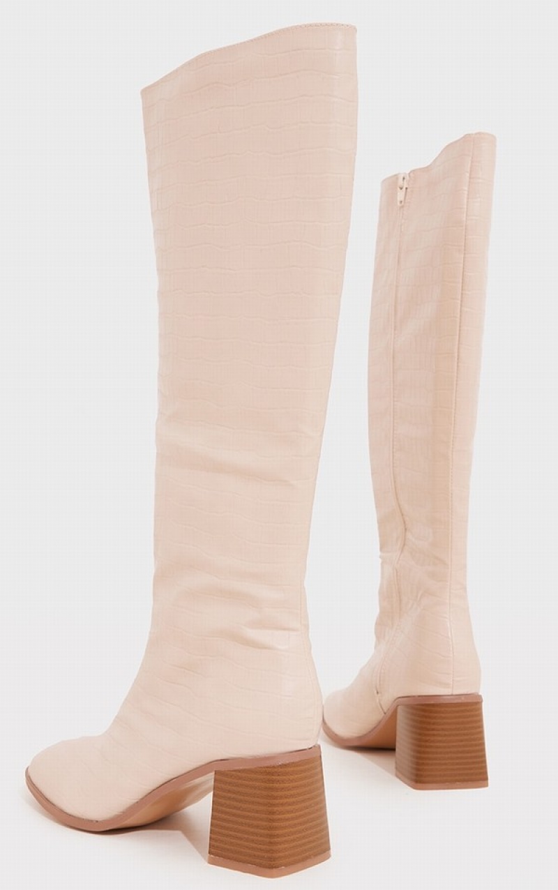 Cizme Pretty Little Thing Largi Fit Pu Croc Square Bombeu Mid-High Blocked Knee Albi | DJOM54176